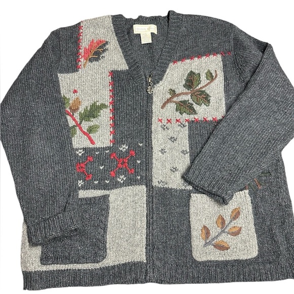 Studio Works Sweaters - Studio Works Charcoal Cardigan with Festive Fall Autumn Embroidery Motifs Sm B11